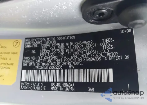 2009 Toyota Highlander Limited из США, поврежденный, VIN JTEDS42A192072203